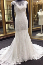 Classic Cap Sleeves White Illusion neck Lace Mermaid Wedding Dress with Court Train