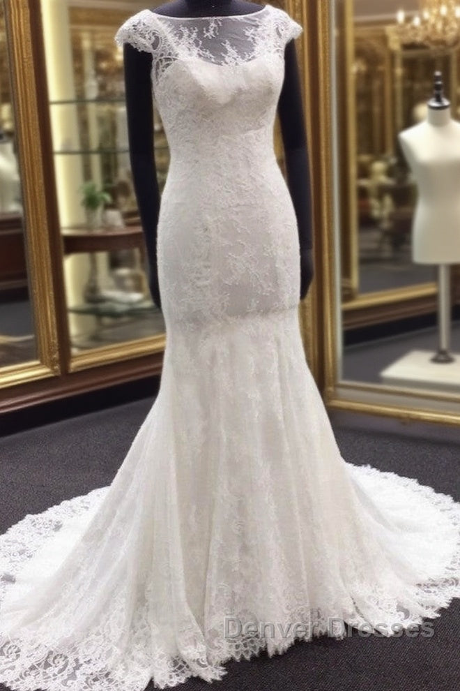 Classic Cap Sleeves White Illusion neck Lace Mermaid Wedding Dress with Court Train