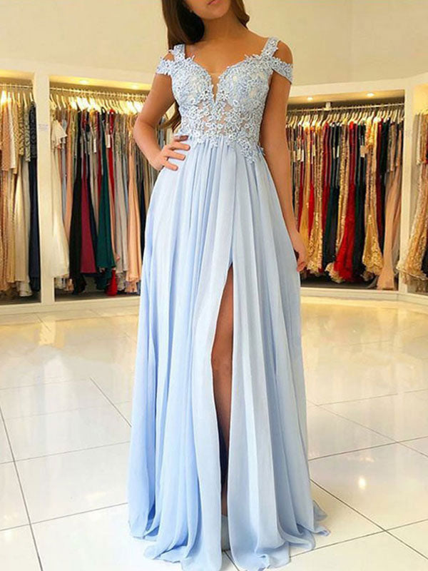Classic Chiffon Evening Dress A Line V Neck Floor Length Split Front Party Dresses Evening Dresses
