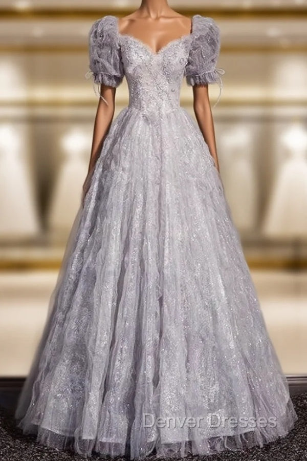 Classic Gray Tulle Sequins Short Sleeve Beading Prom Dress Main image
