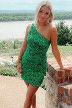 Classic One Shoulder Sleeveless Sequins Tight Party Homecoming Dress