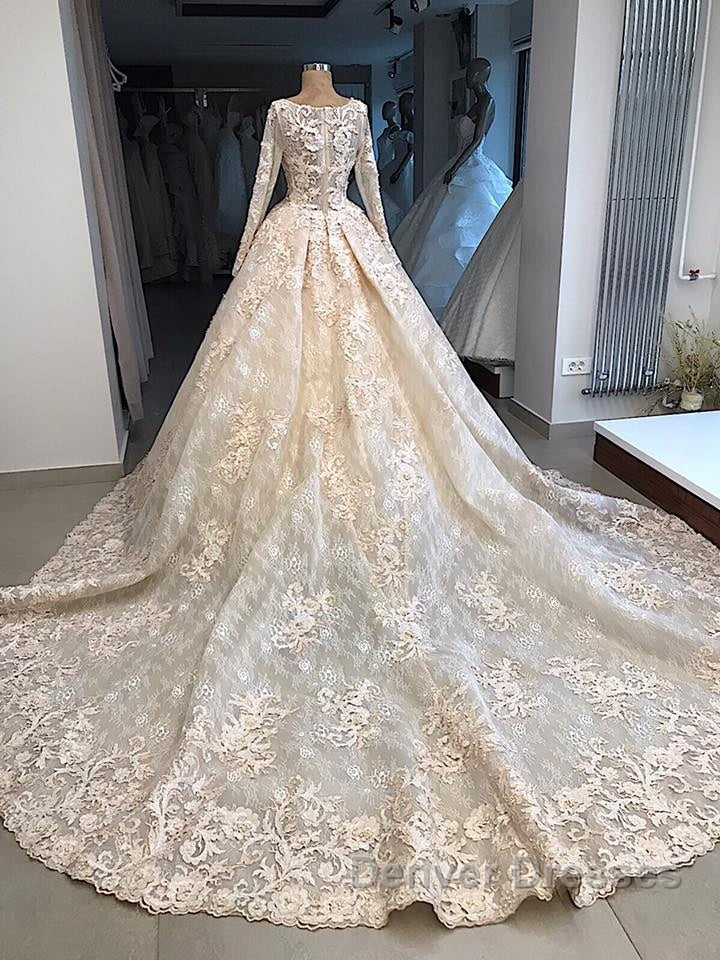Classic Scoop Long Sleevess Appliques Ball Gown Wedding Dress