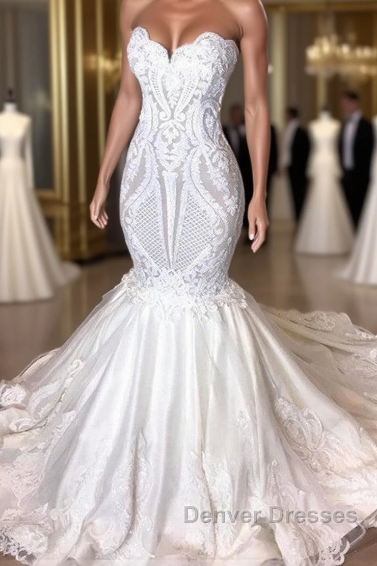 Classic Sleeveless Sweetheart Lace Appliques Mermaid Slim Bridal Wedding Dress Main image