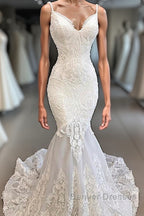 Classic Spaghetti Strap V neck White Sleeveless Mermaid Open Back Wedding Dress with Chapel Train