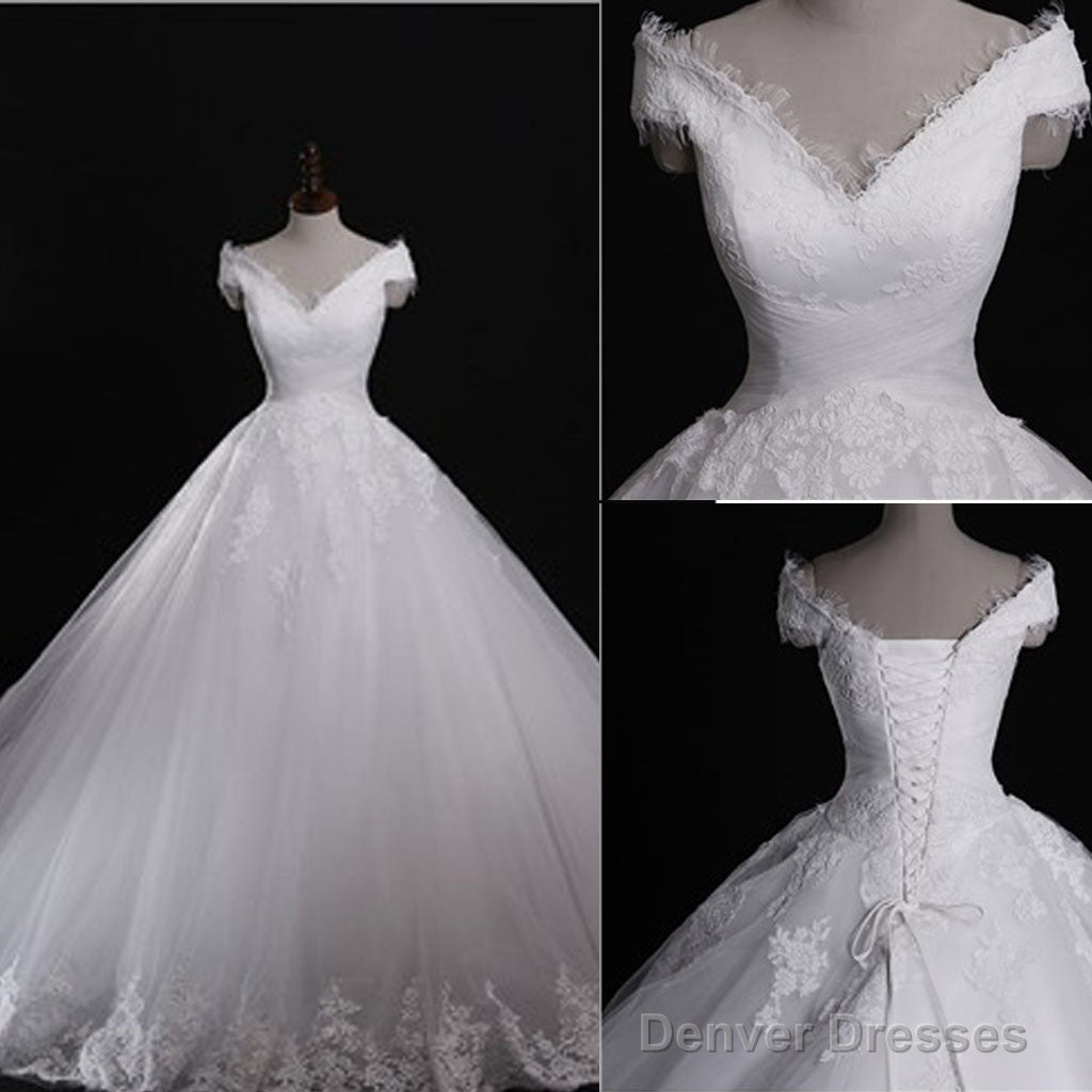 Classic Style Off Shoulder Lace Up Vantage Lace Wedding Dresses, Main image