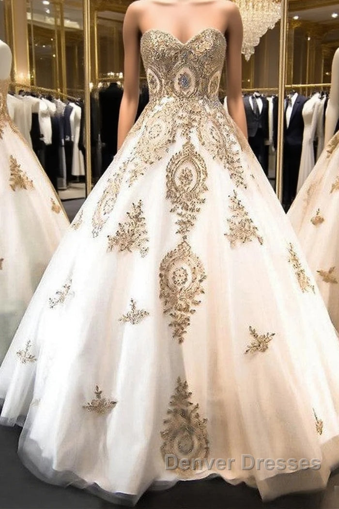 Classic Sweetheart Gold Lace Wedding Dress Sparkly Ball Gown Bridal Dress