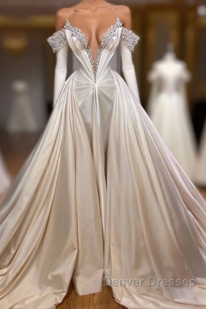 Classic V-Neck Long Sleeves Prom Dress with Beads