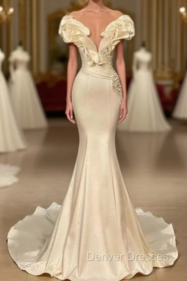 Classic White Long Pearl Ruffle Prom Dress