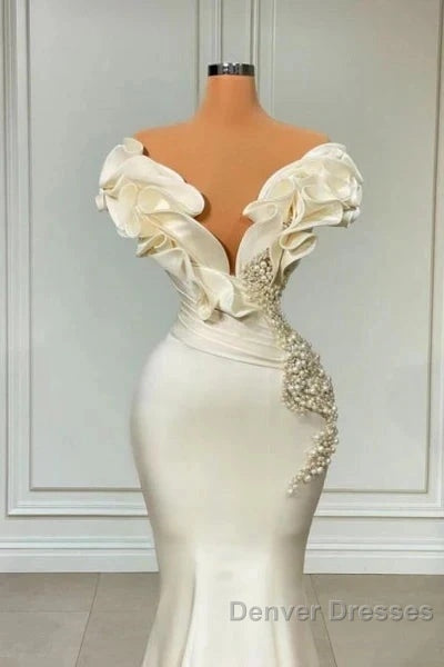 Classic White Mermaid V-Neck Satin Pearl Ruffle Long Prom Dress Elegant Evening Dress
