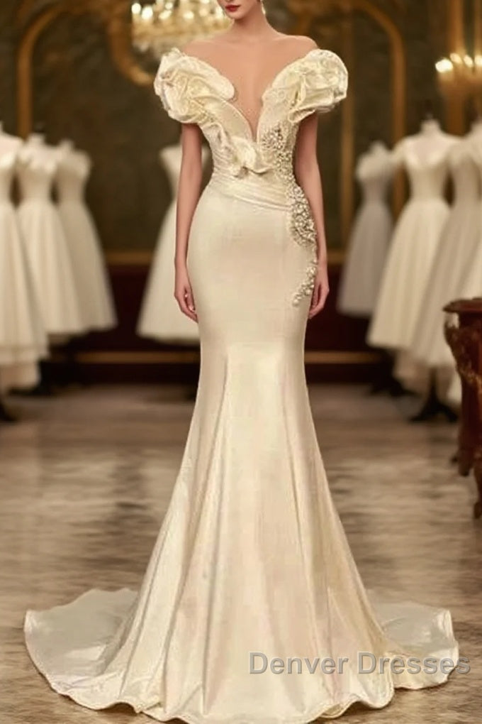 Classic White Mermaid V-Neck Satin Pearl Ruffle Long Prom Dress Elegant Evening Dress Main image
