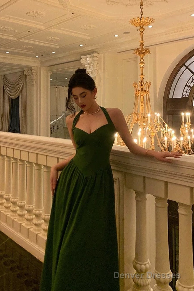 Classy A Line Halter Dark Green Prom Dresses Birthday Outfits Evening Gown