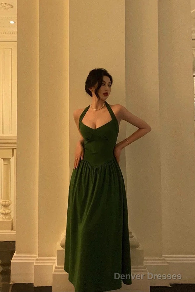 Classy A Line Halter Dark Green Prom Dresses Birthday Outfits Evening Gown