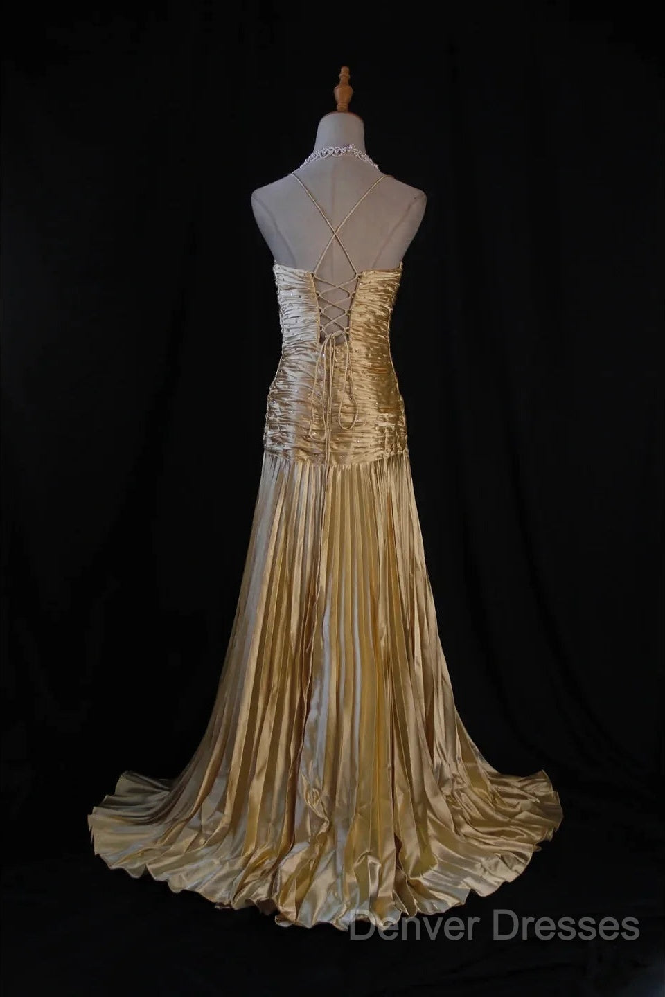 Classy A Line Halter Gold Satin Beads Long Evening Dress Prom Dress Secondary image