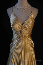 Classy A Line Halter Gold Satin Beads Long Evening Dress Prom Dress