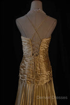 Classy A Line Halter Gold Satin Beads Long Evening Dress Prom Dress