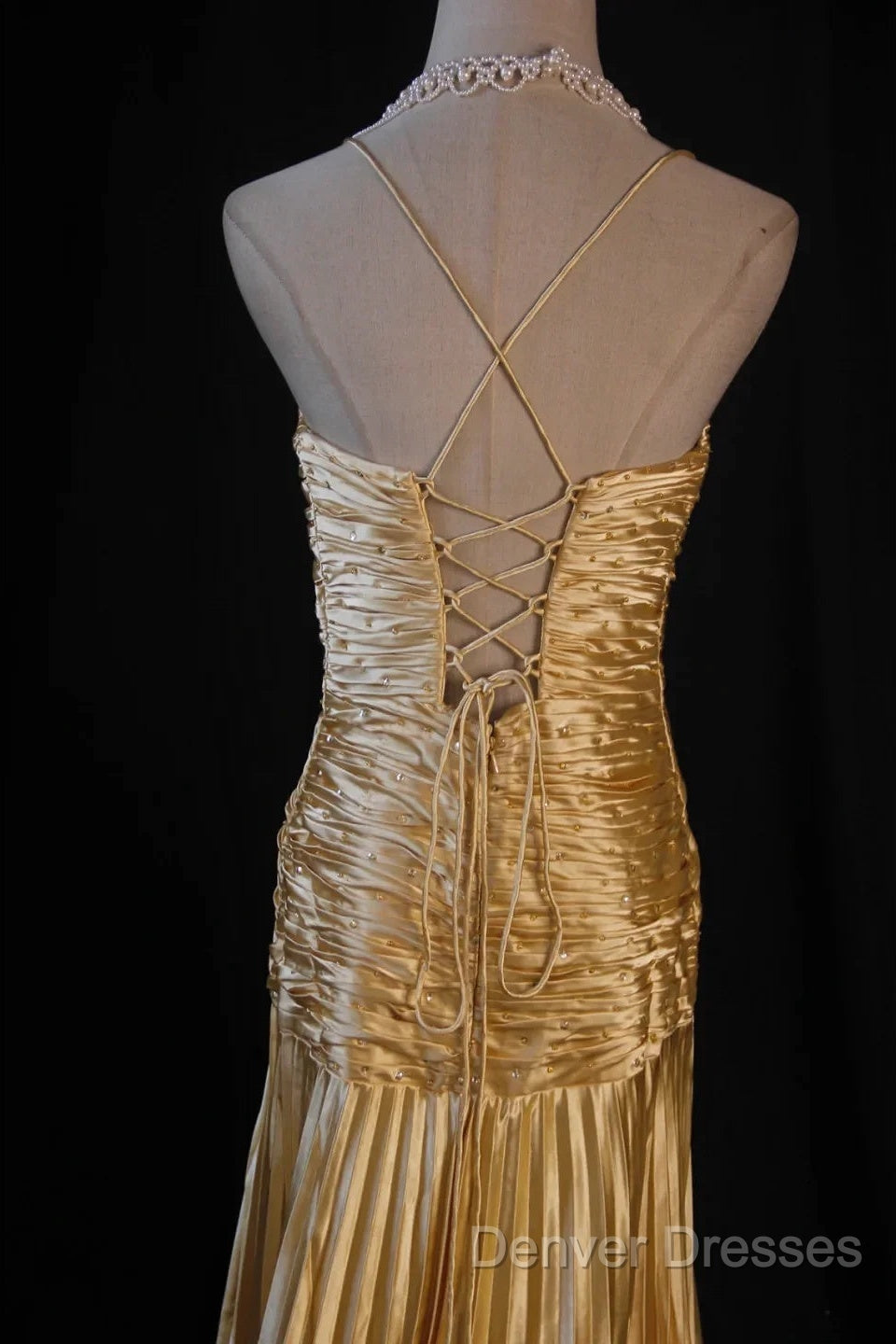 Classy A Line Halter Gold Satin Beads Long Evening Dress Prom Dress