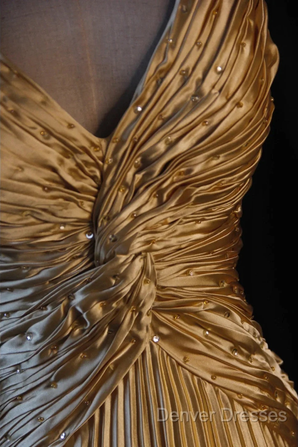 Classy A Line Halter Gold Satin Beads Long Evening Dress Prom Dress