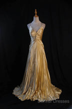 Classy A Line Halter Gold Satin Beads Long Evening Dress Prom Dress
