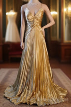 Classy A Line Halter Gold Satin Beads Long Evening Dress Prom Dress