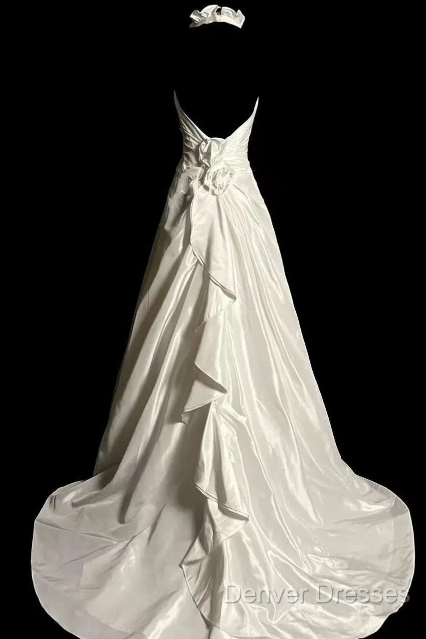 Classy A Line Halter Satin Ivory Long Wedding Dress Bridal Dress Secondary image