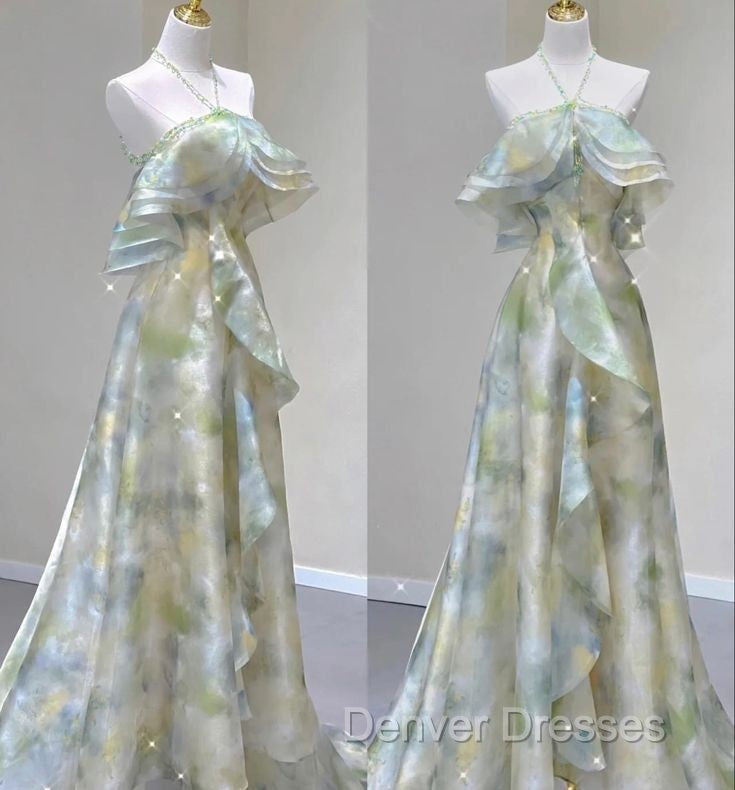 Classy A Line Off The Shoulder Halter Green Floral Long Party Dress Prom Dress Secondary image