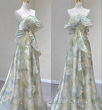 Classy A Line Off The Shoulder Halter Green Floral Long Party Dress Prom Dress