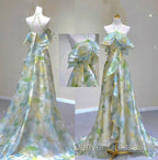 Classy A Line Off The Shoulder Halter Green Floral Long Party Dress Prom Dress