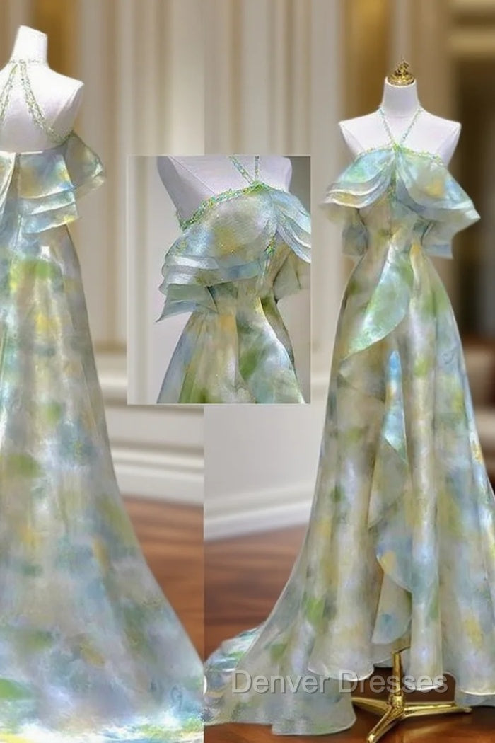 Classy A Line Off The Shoulder Halter Green Floral Long Party Dress Prom Dress Main image