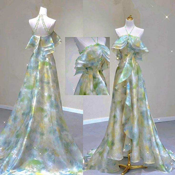 Classy A Line Off The Shoulder Halter Green Floral Long Party Dress Prom Dress Main image