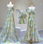 Classy A Line Off The Shoulder Halter Green Floral Long Party Dress Prom Dress