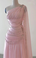 Classy A Line One Shoulder Pink Chiffon Evening Gown Prom Dress