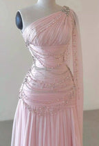 Classy A Line One Shoulder Pink Chiffon Evening Gown Prom Dress