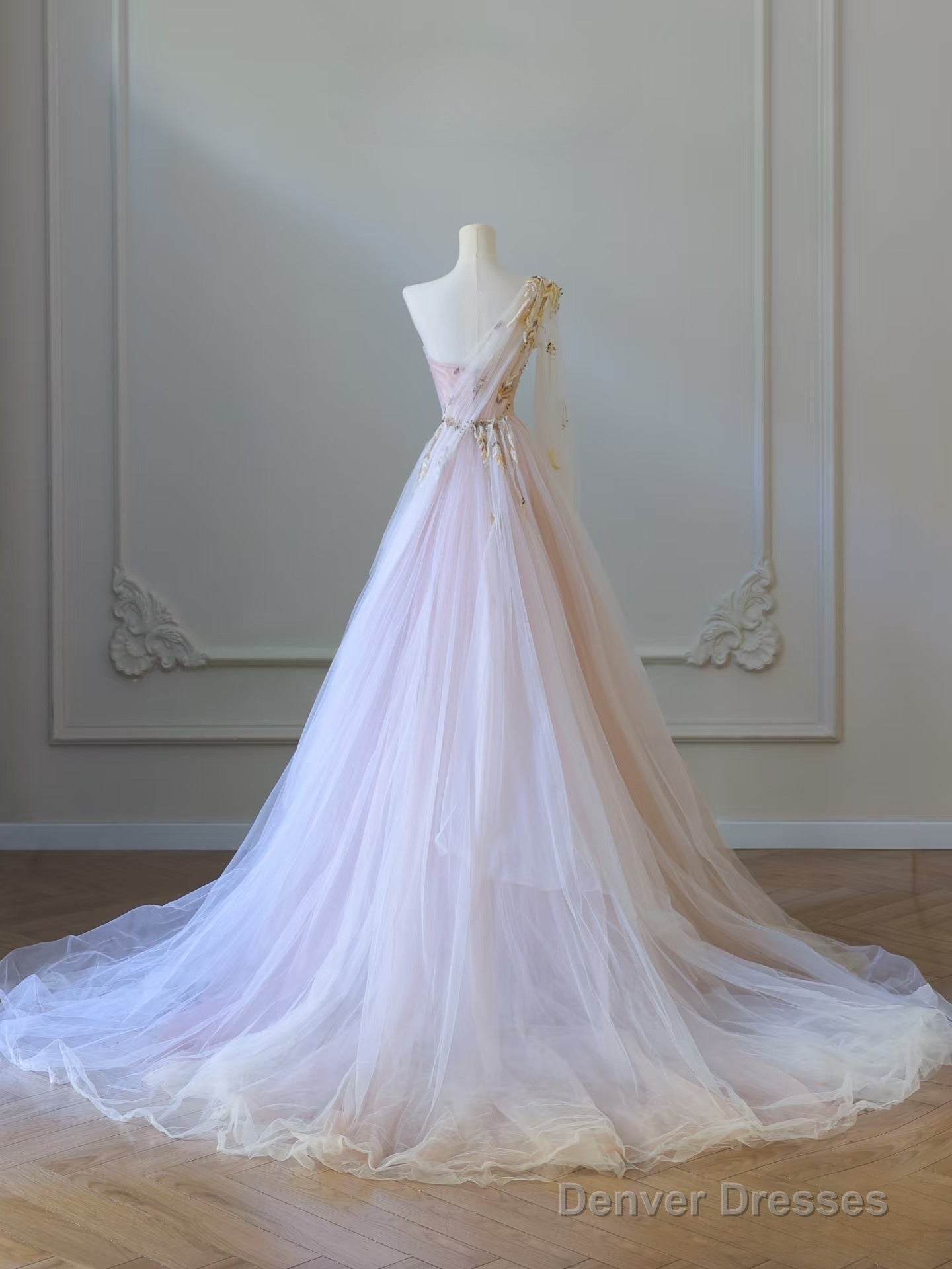 Classy A Line One Shoulder Tulle Lace Long Evening Dress Prom Dresses Secondary image