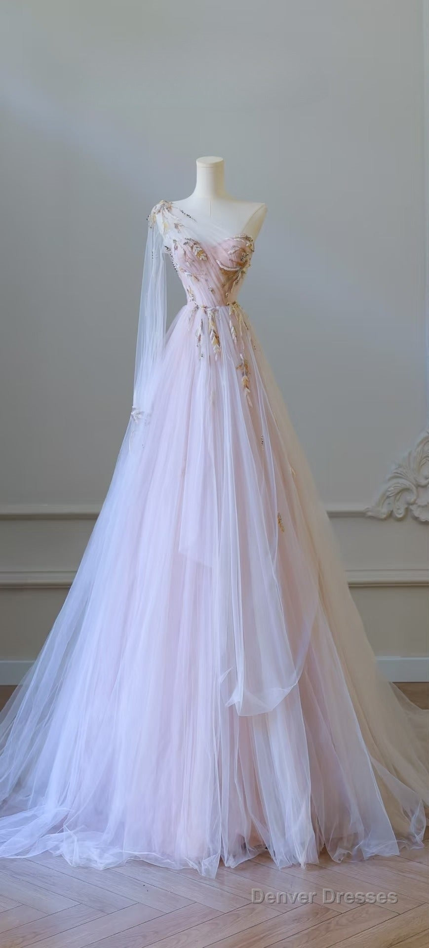 Classy A Line One Shoulder Tulle Lace Long Evening Dress Prom Dresses