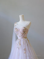 Classy A Line One Shoulder Tulle Lace Long Evening Dress Prom Dresses