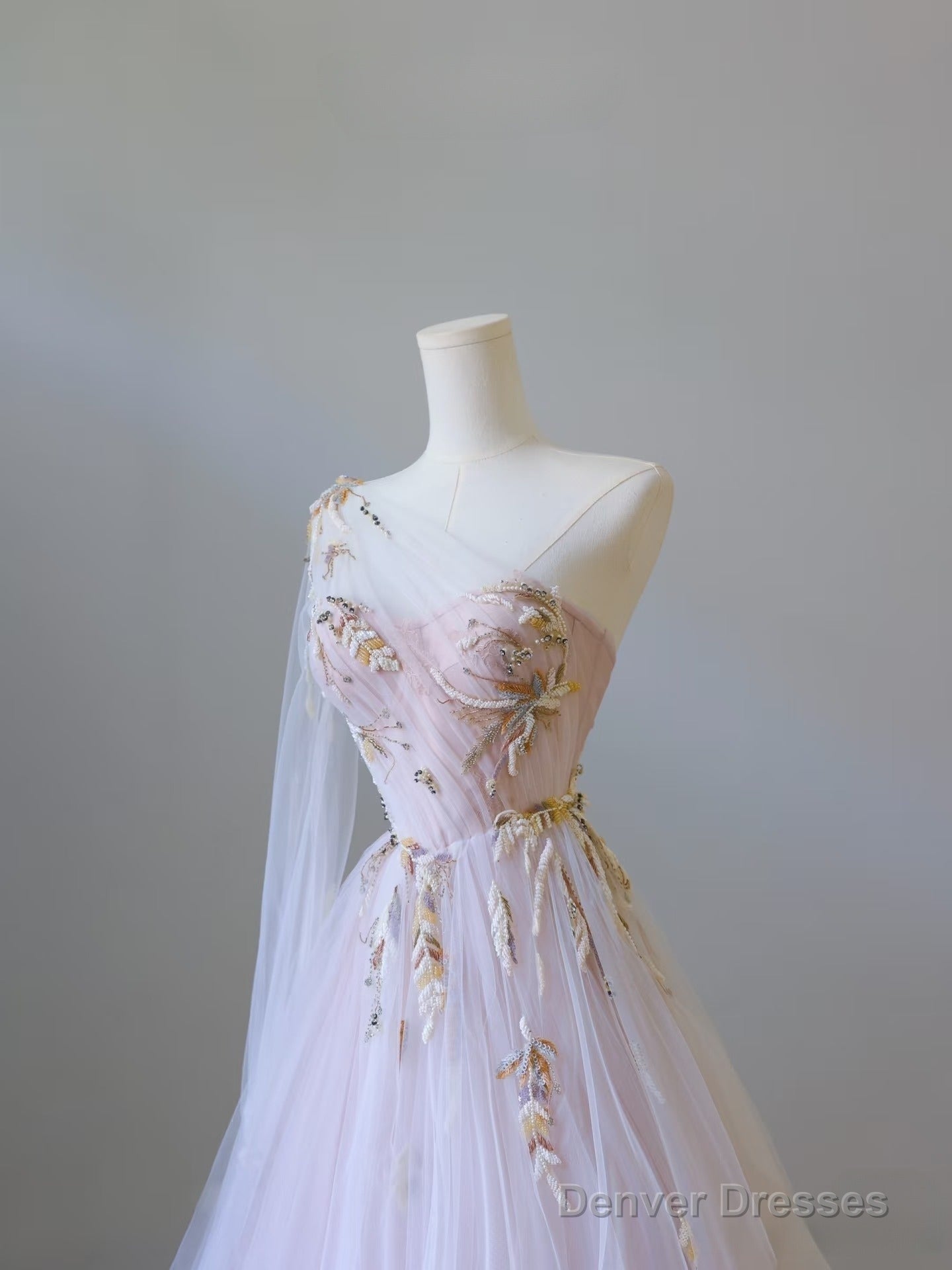 Classy A Line One Shoulder Tulle Lace Long Evening Dress Prom Dresses