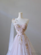 Classy A Line One Shoulder Tulle Lace Long Evening Dress Prom Dresses