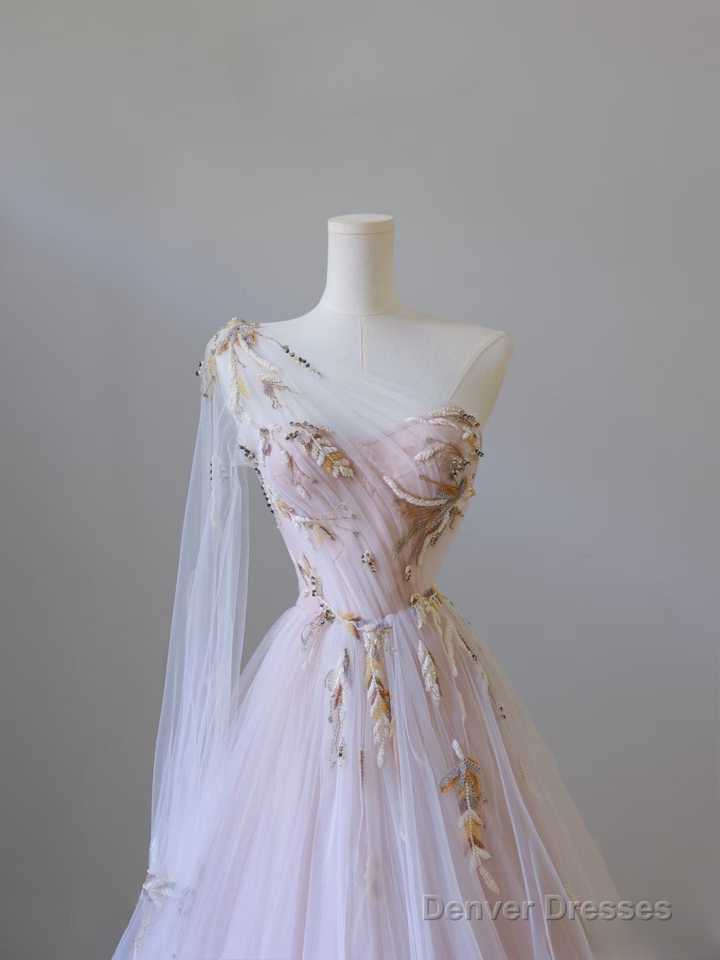 Classy A Line One Shoulder Tulle Lace Long Evening Dress Prom Dresses