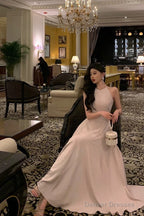 Classy A Line Scoop Neckline Long Light Pink Prom Dresses Birthday Outfits Evening Gown