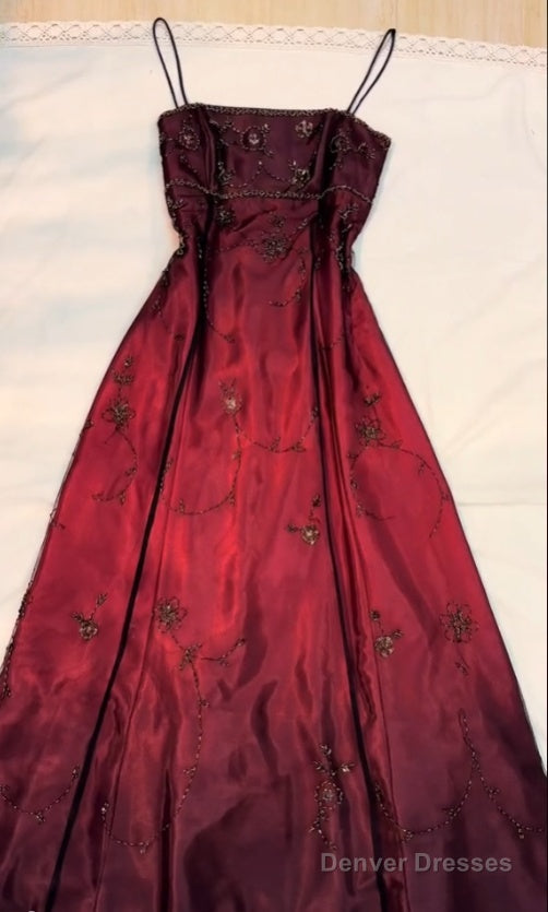 Classy A Line Spaghetti Straps Burgundy Beads Long Prom Dress