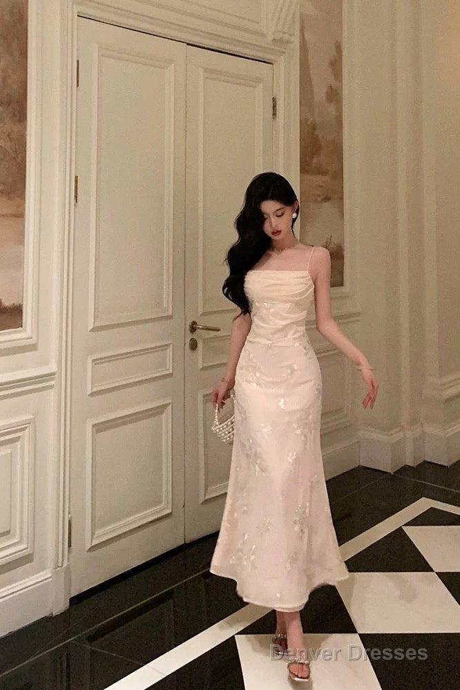 Classy A Line Spaghetti Straps Floral Lace Ivory Prom Dresses Birthday Outfits Evening Gown