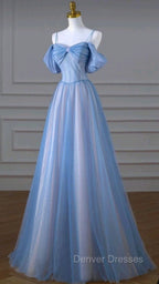 Classy A Line Spaghetti Straps Long Party Dress Blue Prom Dress