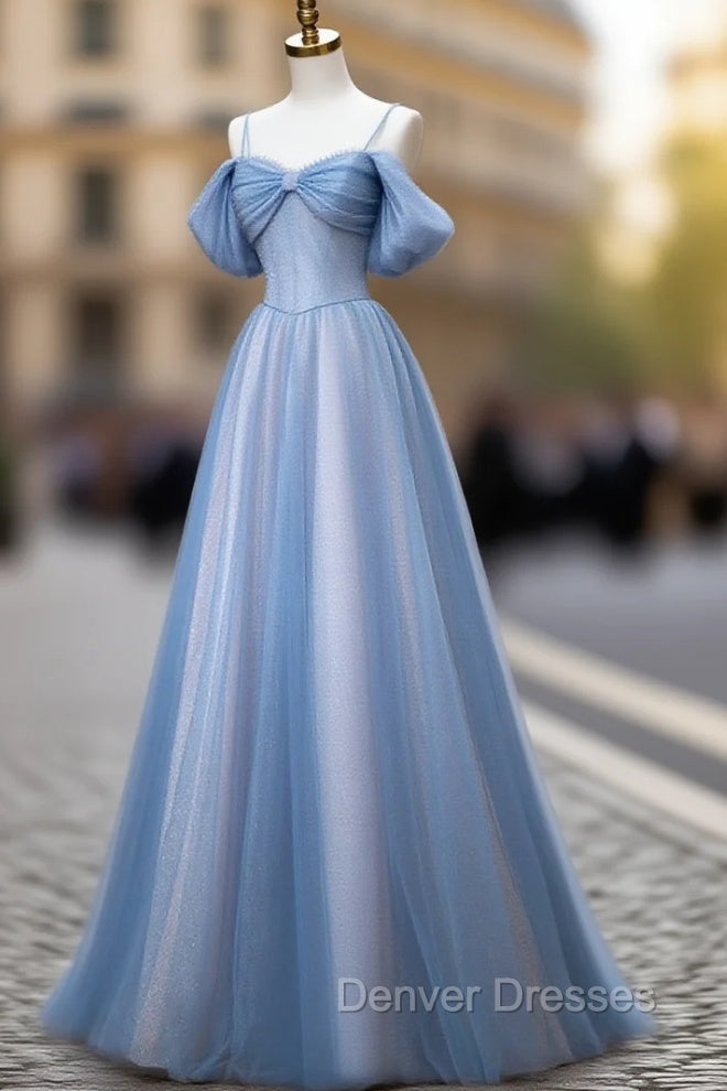 Classy A Line Spaghetti Straps Long Party Dress Blue Prom Dress