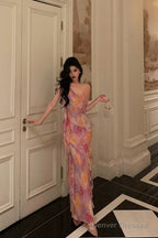 Classy A Line Spaghetti Straps Pink Chiffon Floral Prom Dresses Birthday Outfits Evening Gown