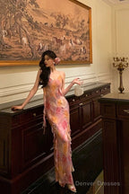 Classy A Line Spaghetti Straps Pink Chiffon Floral Prom Dresses Birthday Outfits Evening Gown