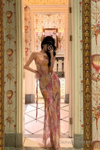 Classy A Line Spaghetti Straps Pink Chiffon Floral Prom Dresses Birthday Outfits Evening Gown