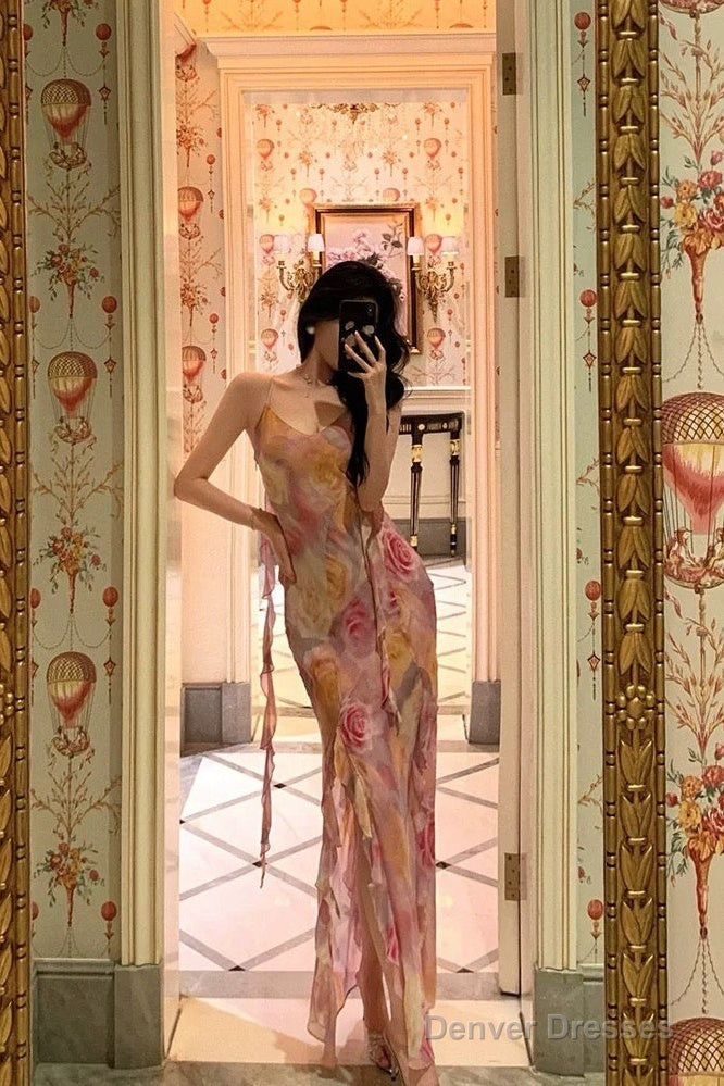 Classy A Line Spaghetti Straps Pink Chiffon Floral Prom Dresses Birthday Outfits Evening Gown Main image