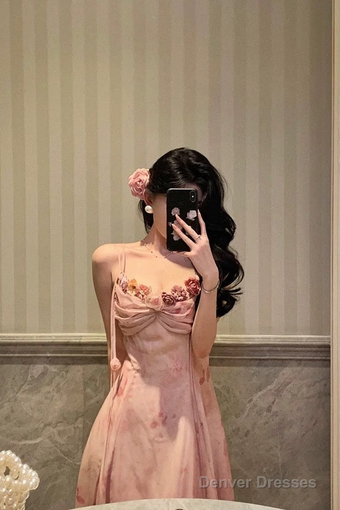 Classy A Line Spaghetti Straps Pink Lace Prom Dresses Birthday Outfits Evening Gown