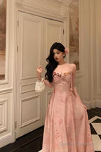 Classy A Line Spaghetti Straps Pink Lace Prom Dresses Birthday Outfits Evening Gown