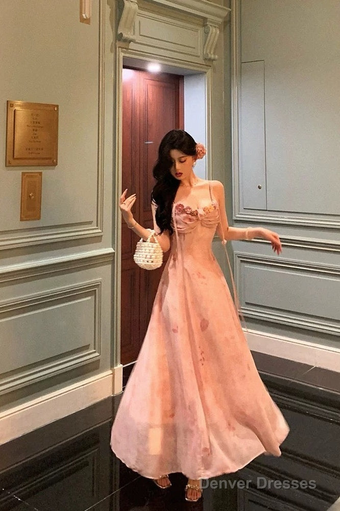 Classy A Line Spaghetti Straps Pink Lace Prom Dresses Birthday Outfits Evening Gown